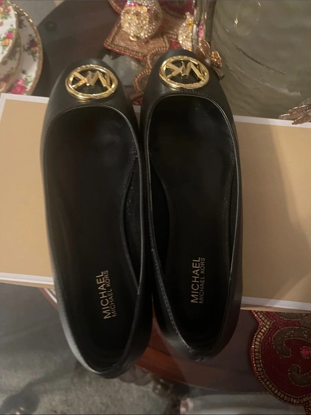Michael Kors Black Leather Logo Ballet Flats with Gold MK Emblem